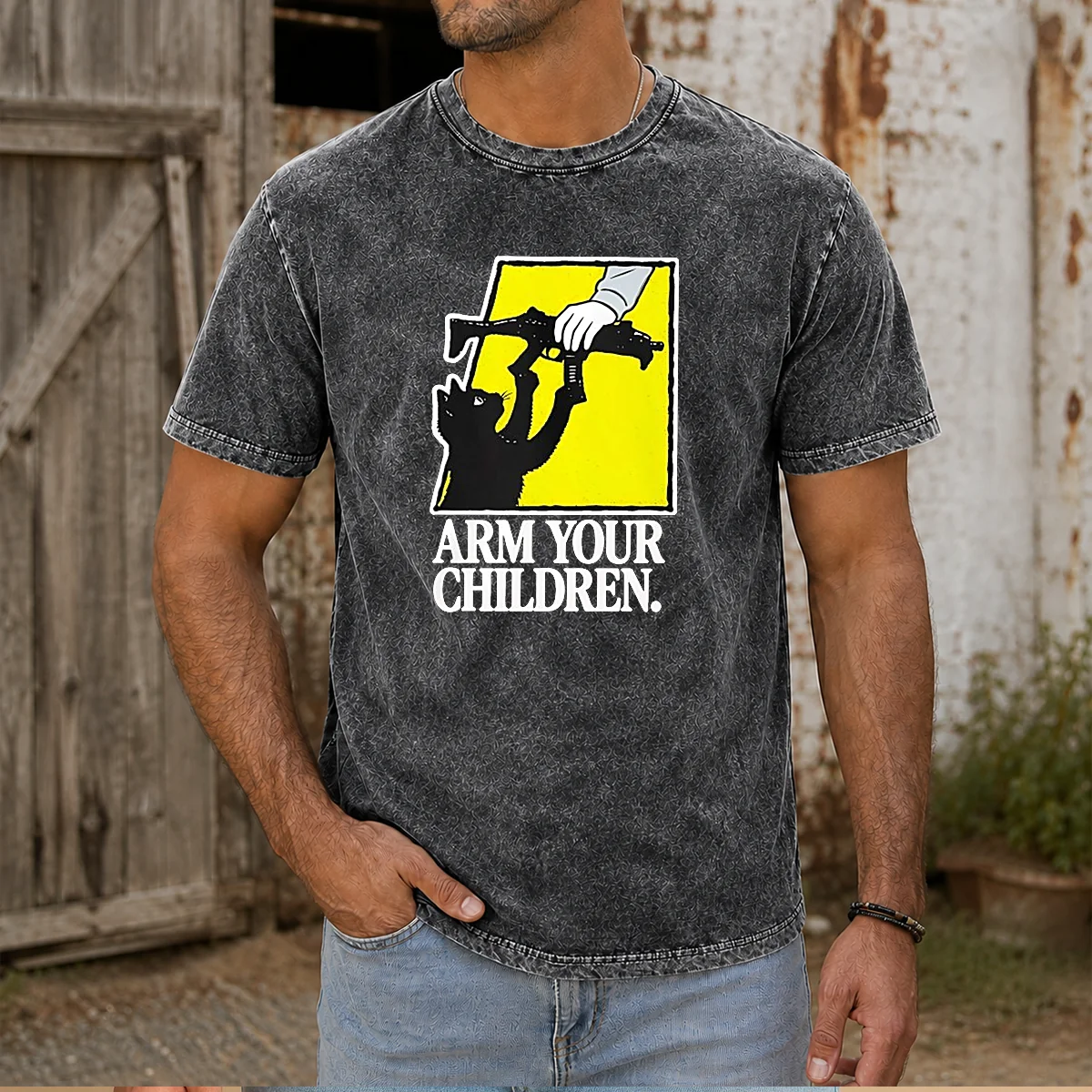 Pretty Black Cat With Gun Satire Arm Your Children Shirt - Image 8