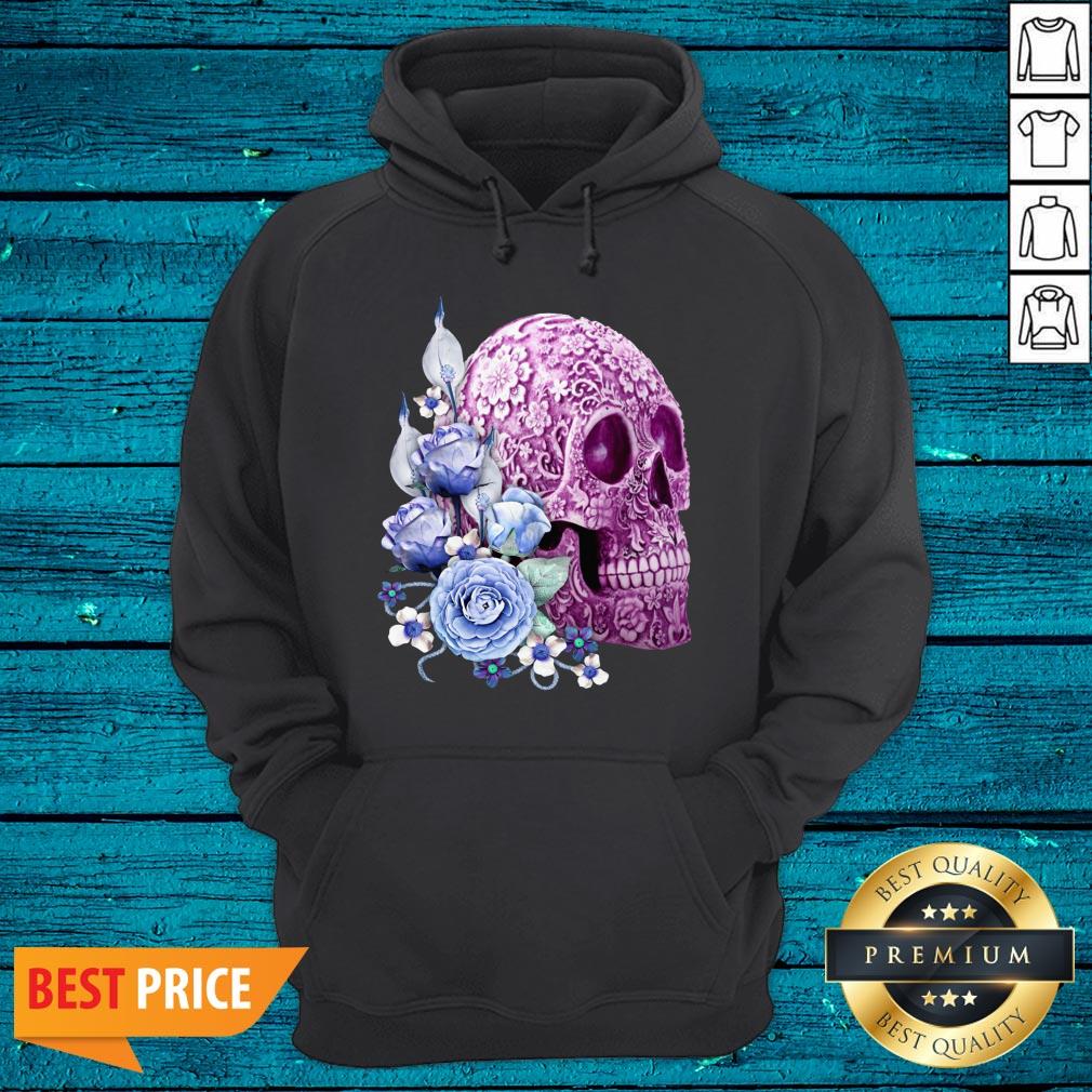 Purple Floral Sugar Skull Day Of The Dead Blue Flowers Shirt - Image 3