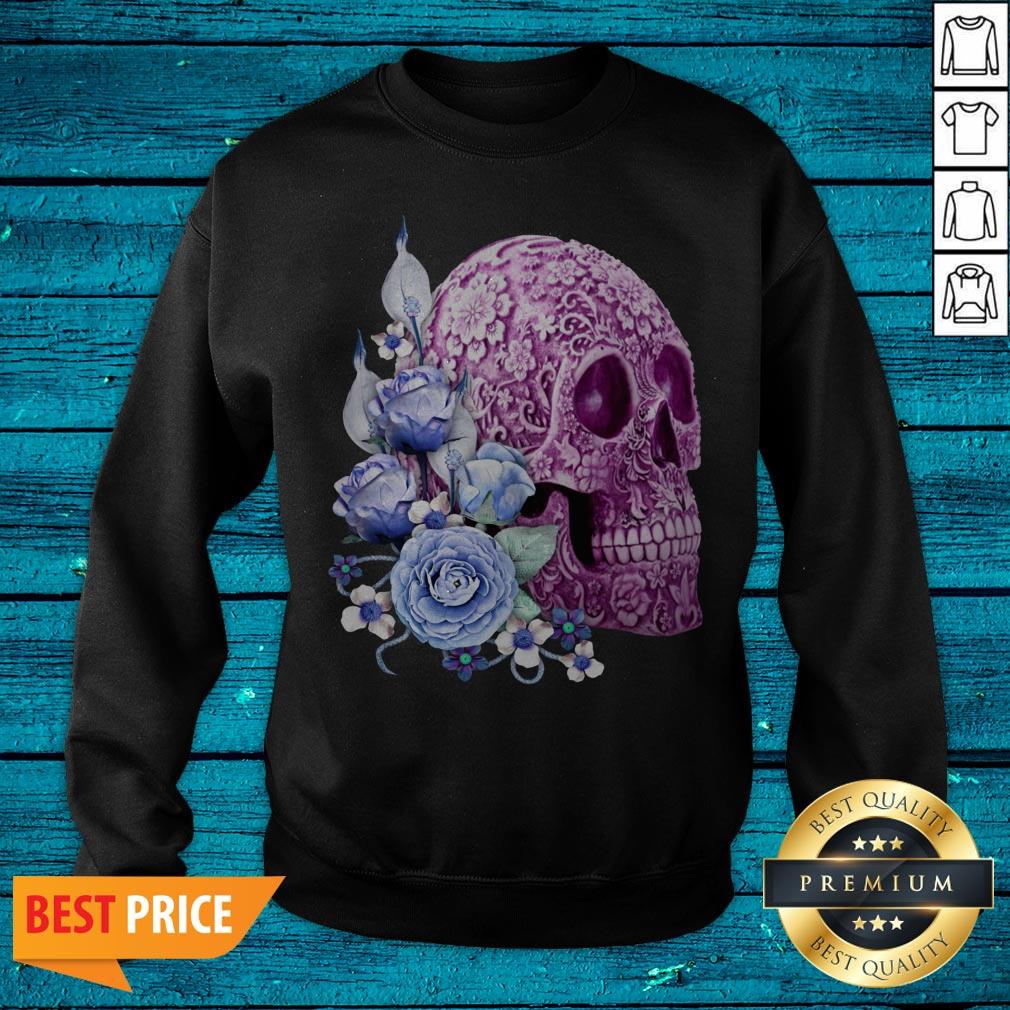 Purple Floral Sugar Skull Day Of The Dead Blue Flowers Shirt - Image 2