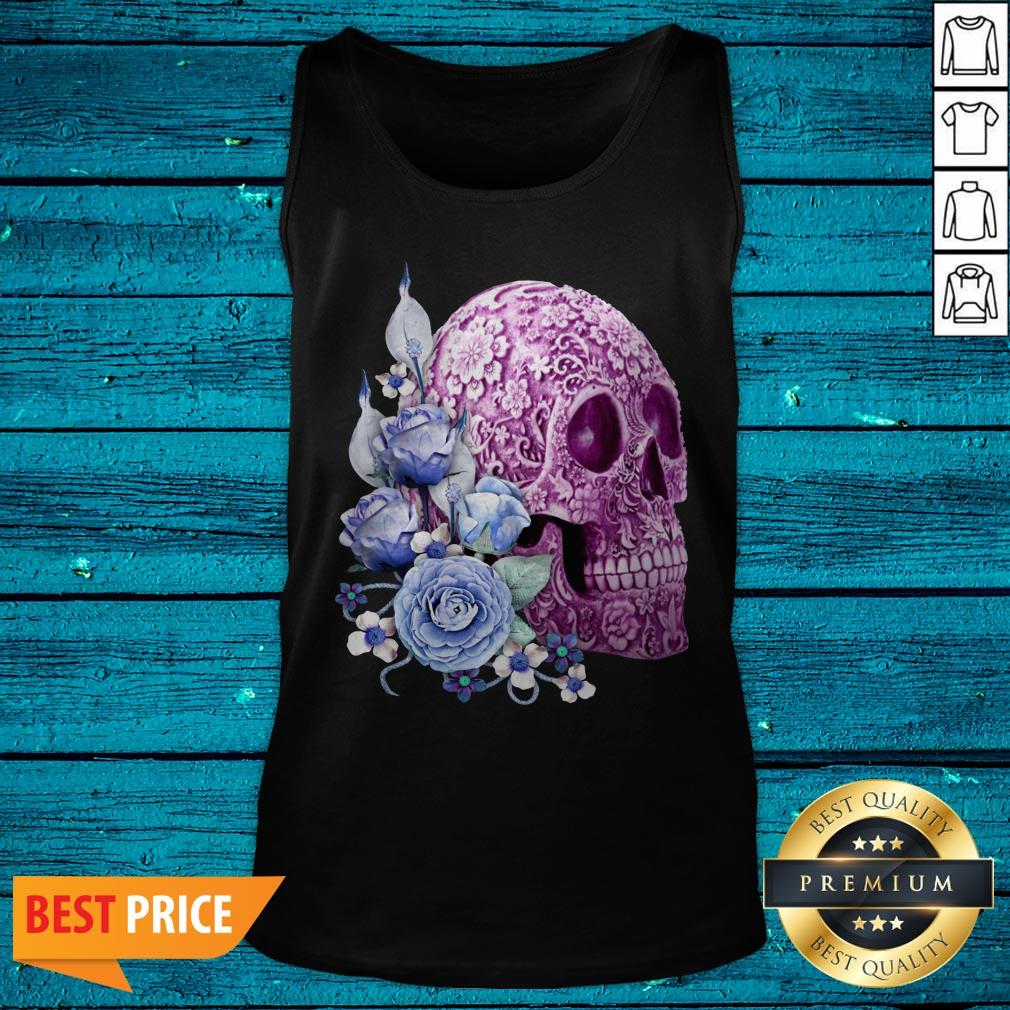 Purple Floral Sugar Skull Day Of The Dead Blue Flowers Shirt - Image 5