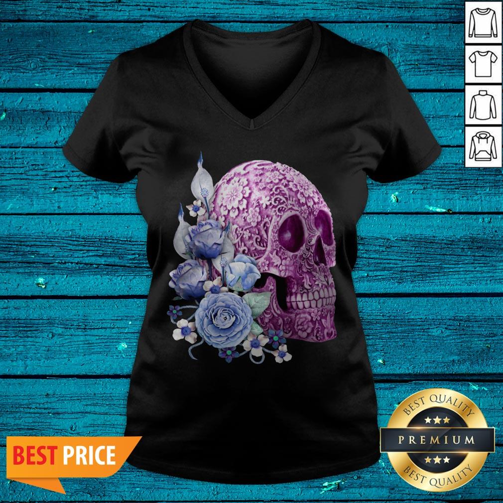 Purple Floral Sugar Skull Day Of The Dead Blue Flowers Shirt - Image 4
