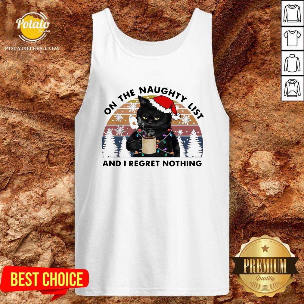 Perfect Santa Black Cat On The Naughty List And I Regret Nothing Vintage Shirt - Image 3