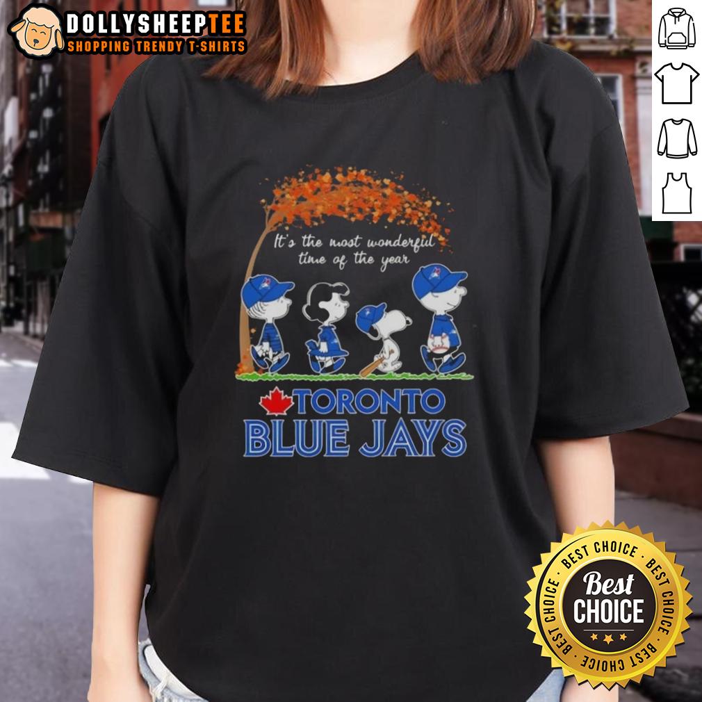 Awesome Toronto Blue Jays X Peanuts Snoopy And Friends Autumn It's The Most Wonderful Time Of The Year T-Shirt - Image 3
