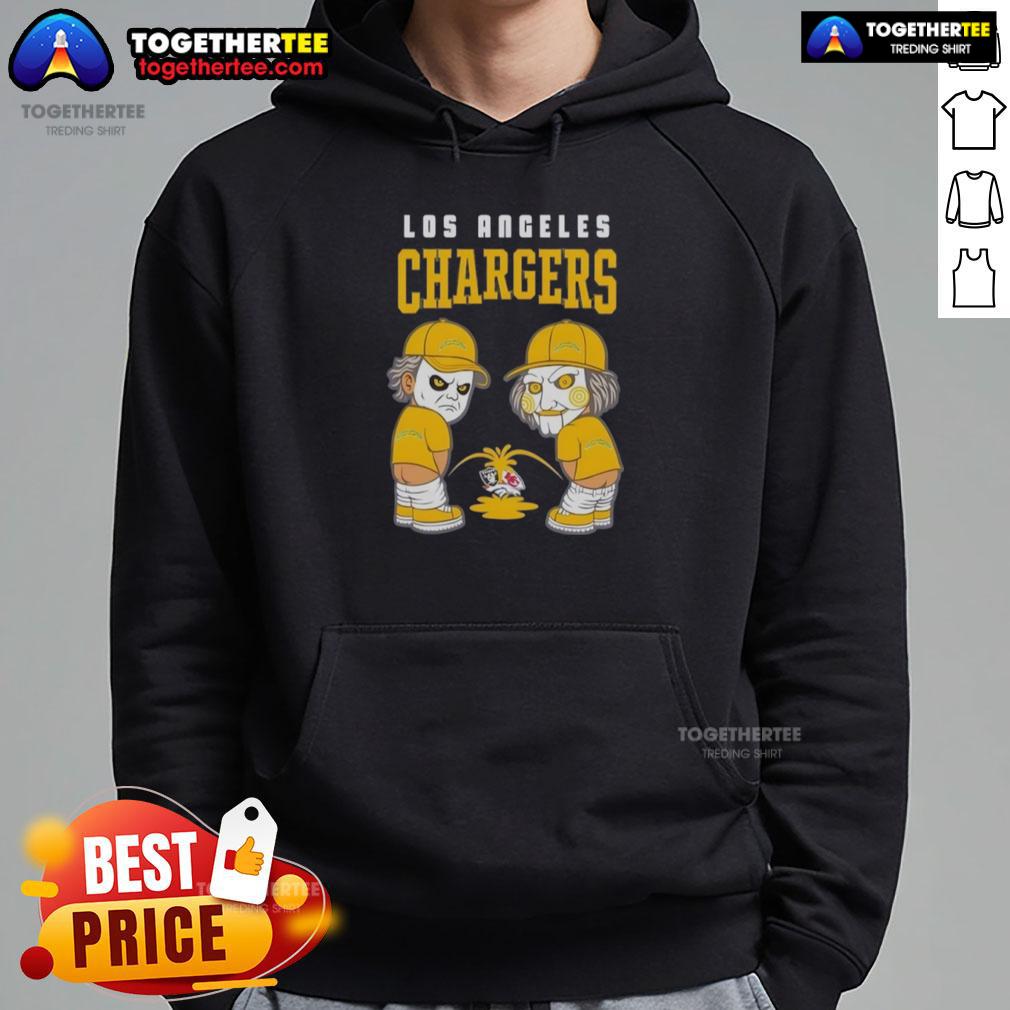 Official Los Angeles Chargers X Michael Myers And Billy Puppet Piss On Las Vegas Raiders Denver Broncos T-Shirt - Image 2
