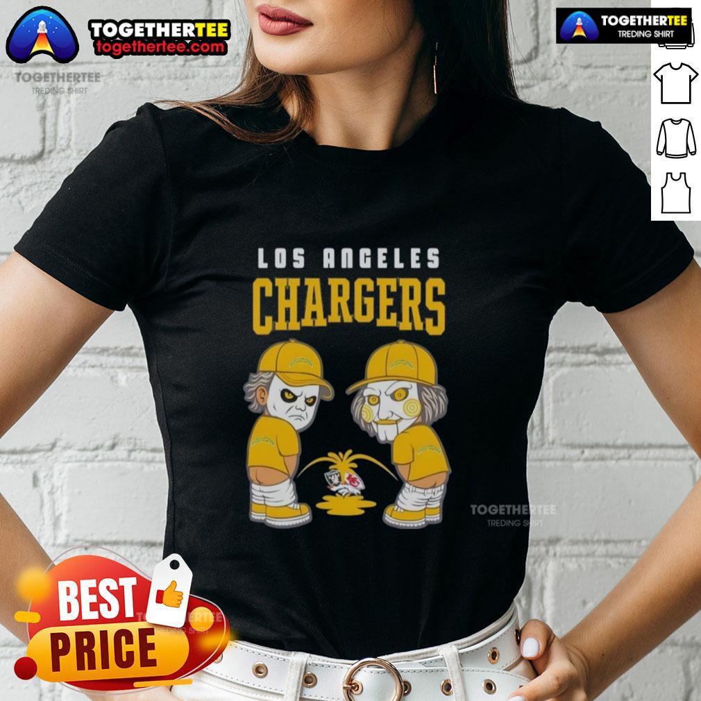 Official Los Angeles Chargers X Michael Myers And Billy Puppet Piss On Las Vegas Raiders Denver Broncos T-Shirt - Image 3