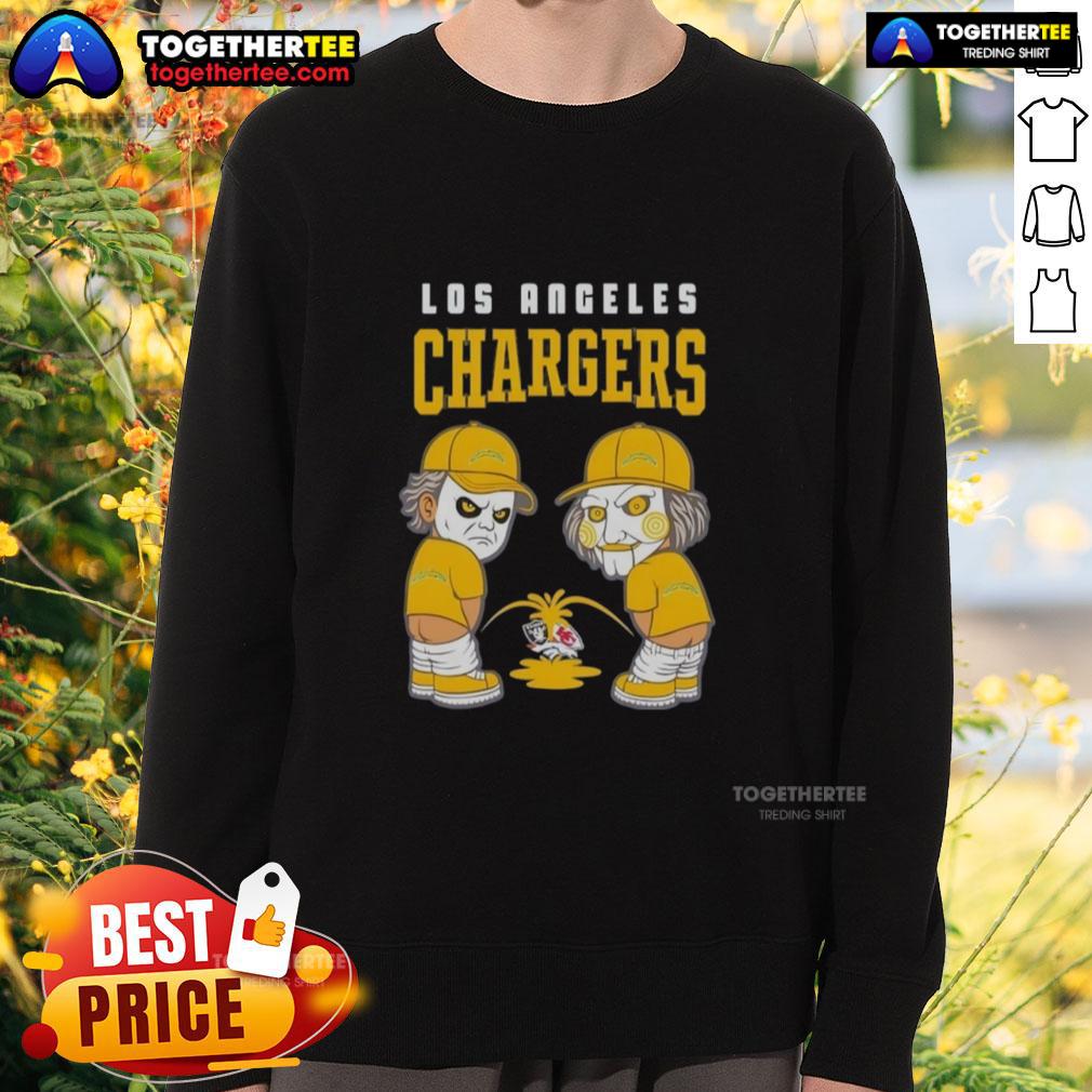 Official Los Angeles Chargers X Michael Myers And Billy Puppet Piss On Las Vegas Raiders Denver Broncos T-Shirt - Image 5
