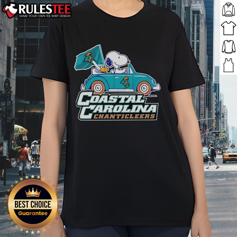 Cute Coastal Carolina Chanticleers Snoopy And Woodstock Driving Car T-Shirt - Image 5