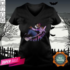 Alternative view of Ride With Pride Bi LGBT Witch Halloween Shirt