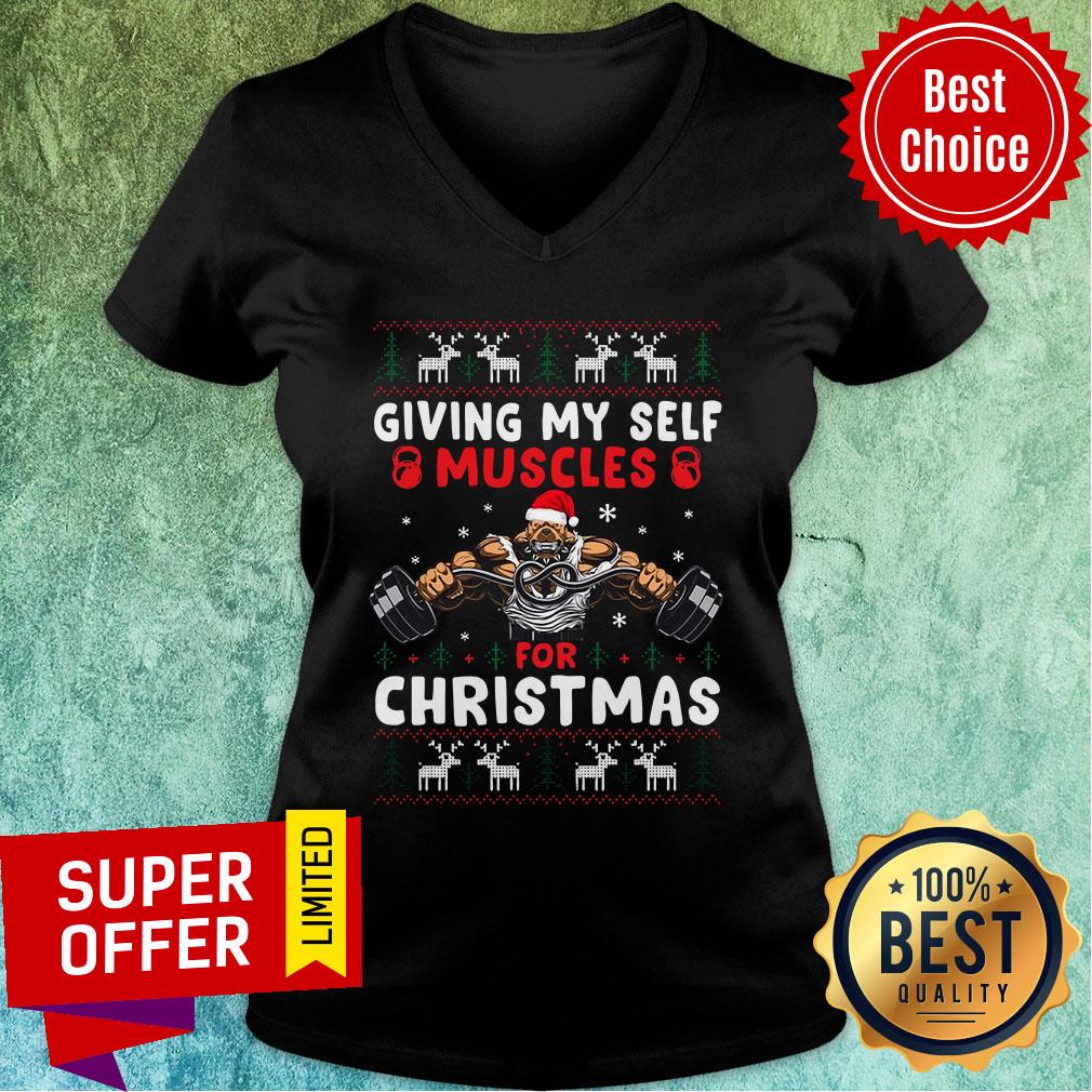 Premium Santa Dog Gymer Giving My Self Muscles For Christmas Ugly Christmas Shirt - Image 5