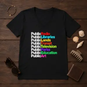 Alternative view of Funny Public Radio Libraries Lands Transit Television Parks Education Art Shirt