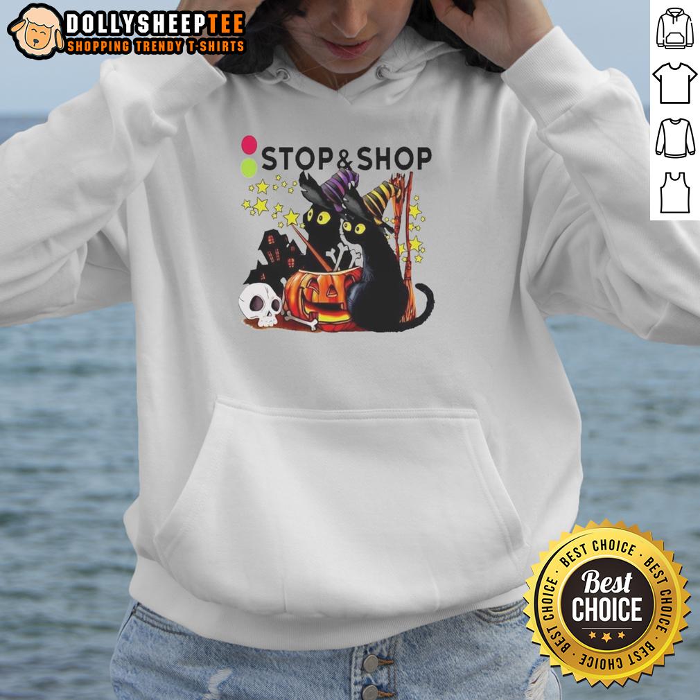 Pretty The Stop And Supermarket Black Cat Witch Pumpkin Haunted House Halloween T-Shirt - Image 2