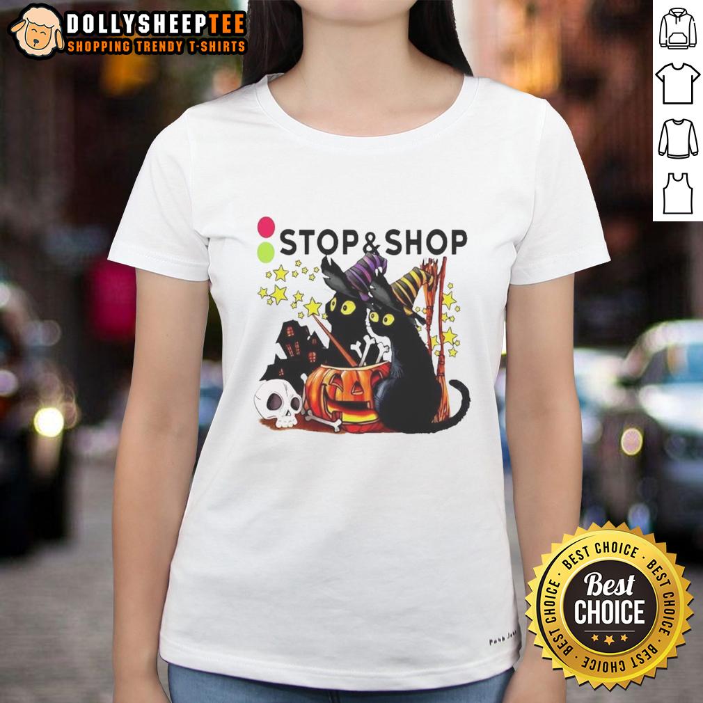 Pretty The Stop And Supermarket Black Cat Witch Pumpkin Haunted House Halloween T-Shirt - Image 3
