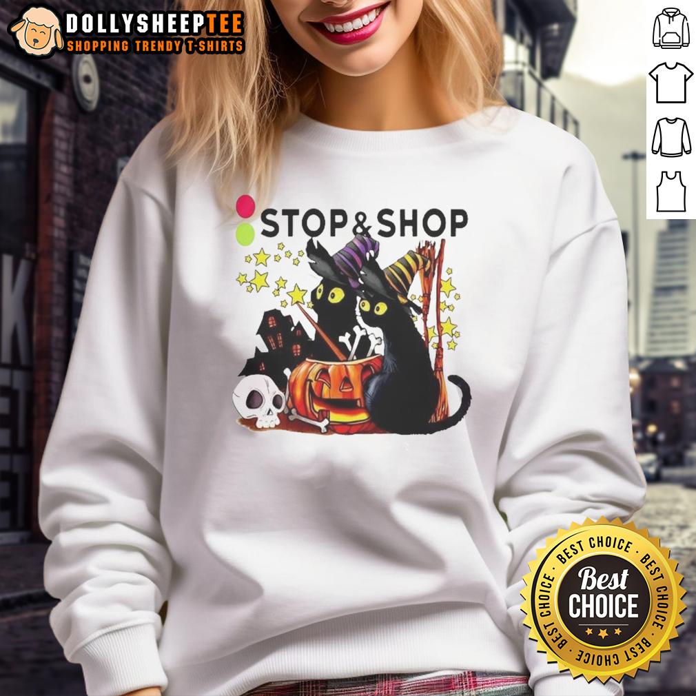 Pretty The Stop And Supermarket Black Cat Witch Pumpkin Haunted House Halloween T-Shirt - Image 5