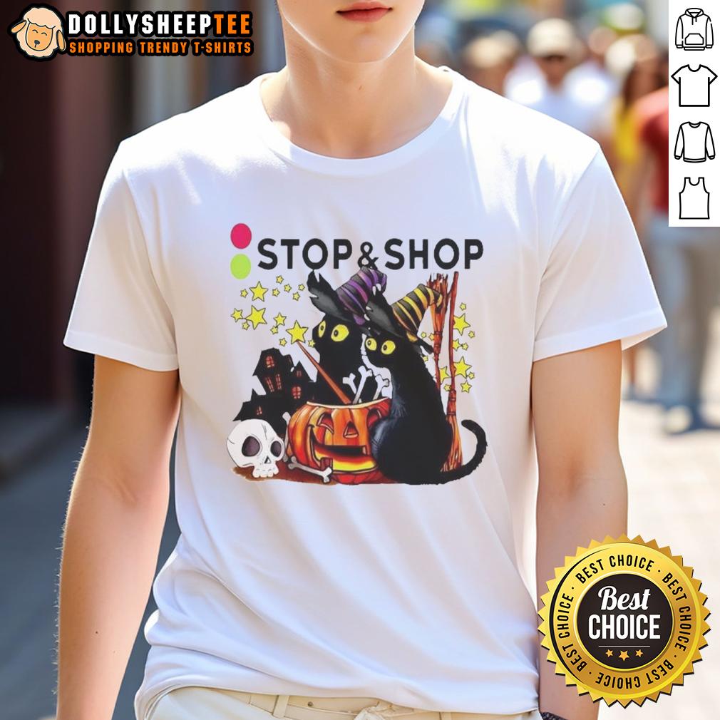 Pretty The Stop And Supermarket Black Cat Witch Pumpkin Haunted House Halloween T-Shirt