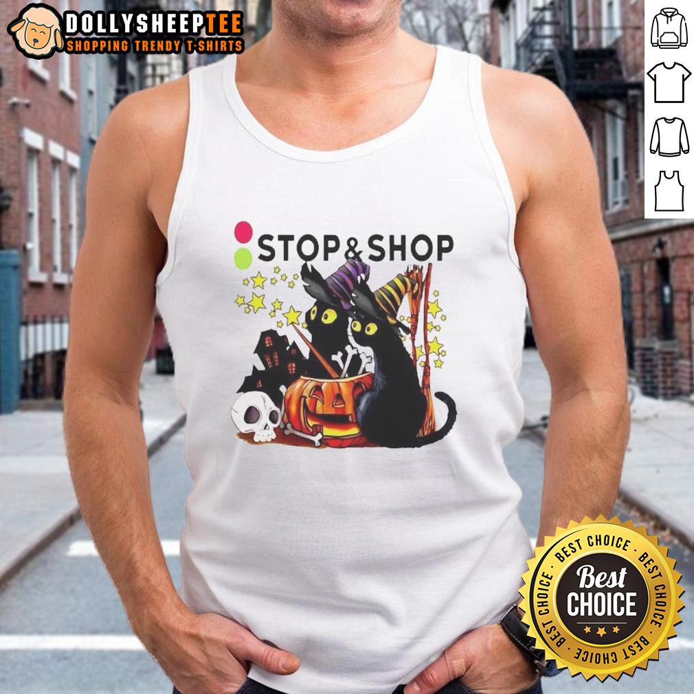 Pretty The Stop And Supermarket Black Cat Witch Pumpkin Haunted House Halloween T-Shirt - Image 4