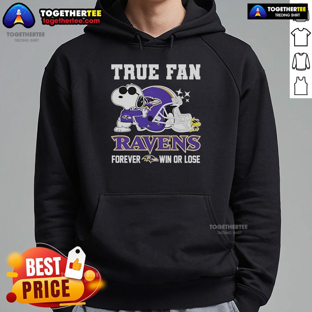 Top Snoopy And Woodstock True Fan NFL Baltimore Ravens Forever Win Helmet T-Shirt - Image 2