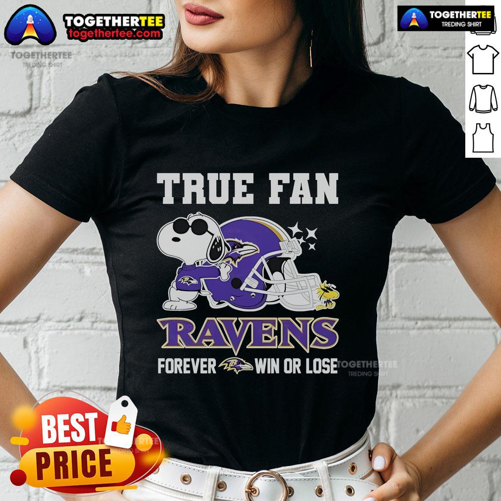 Top Snoopy And Woodstock True Fan NFL Baltimore Ravens Forever Win Helmet T-Shirt - Image 3