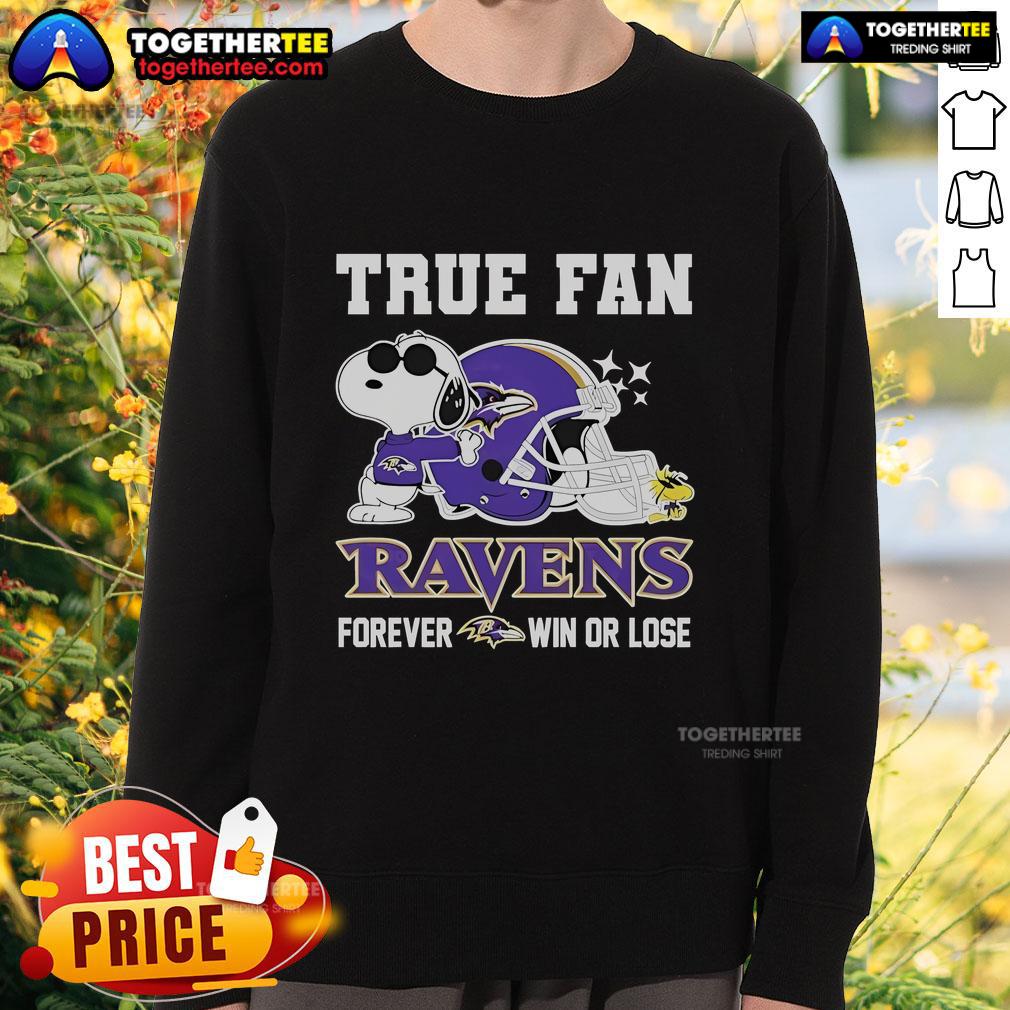 Top Snoopy And Woodstock True Fan NFL Baltimore Ravens Forever Win Helmet T-Shirt - Image 5
