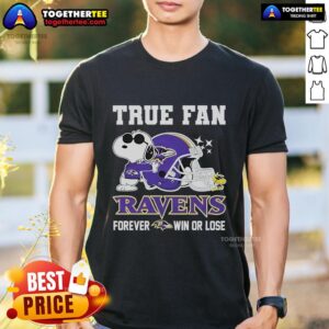 Top Snoopy And Woodstock True Fan NFL Baltimore Ravens Forever Win Helmet T-Shirt