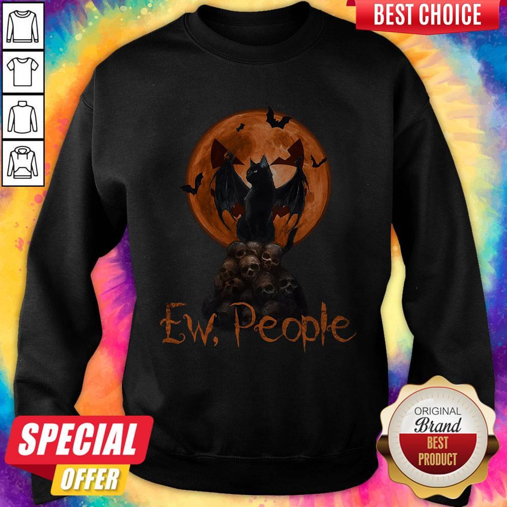 Cute Ew People Black Cat Bats Moon Skull Halloween Shirt - Image 4