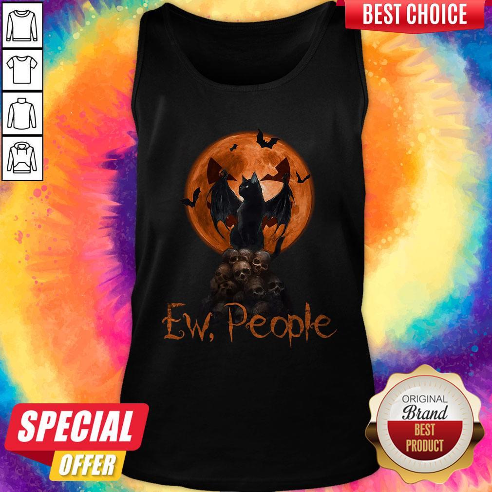 Cute Ew People Black Cat Bats Moon Skull Halloween Shirt - Image 3