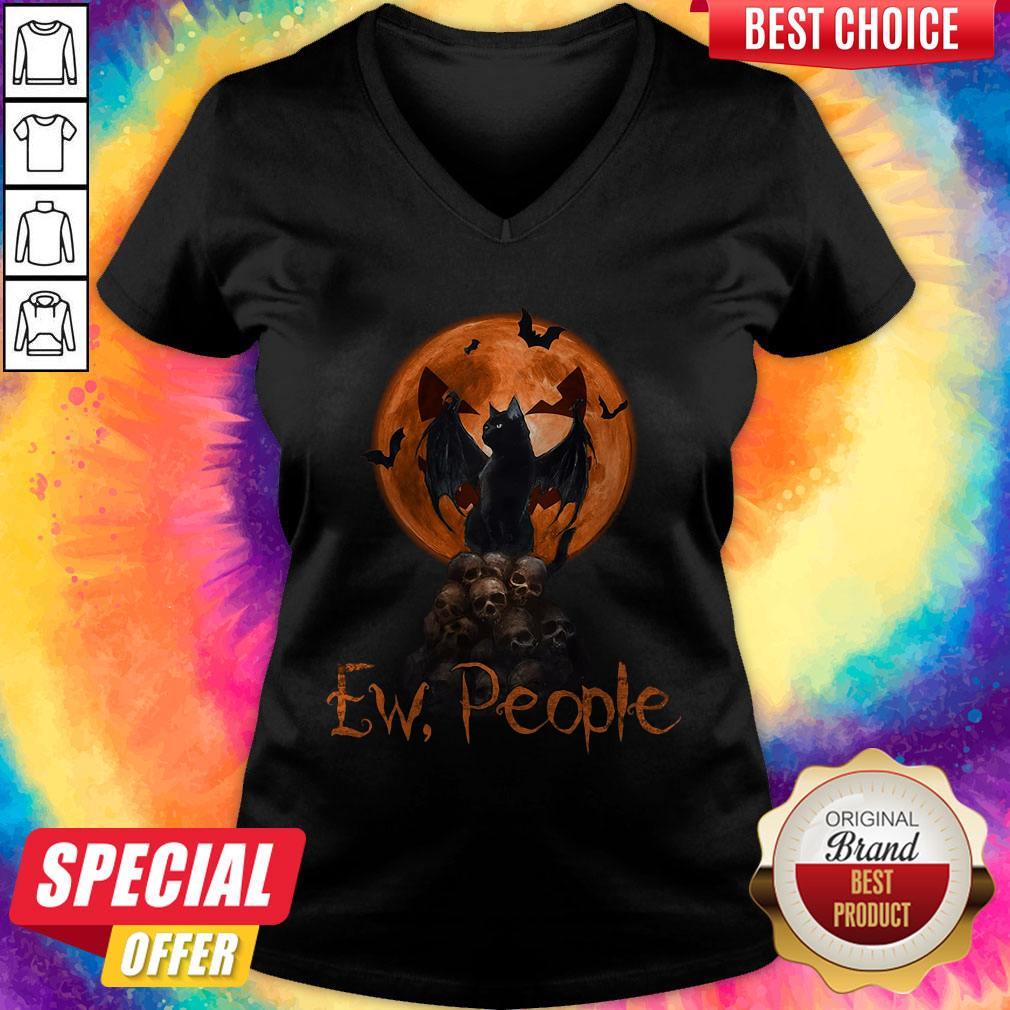 Cute Ew People Black Cat Bats Moon Skull Halloween Shirt - Image 2