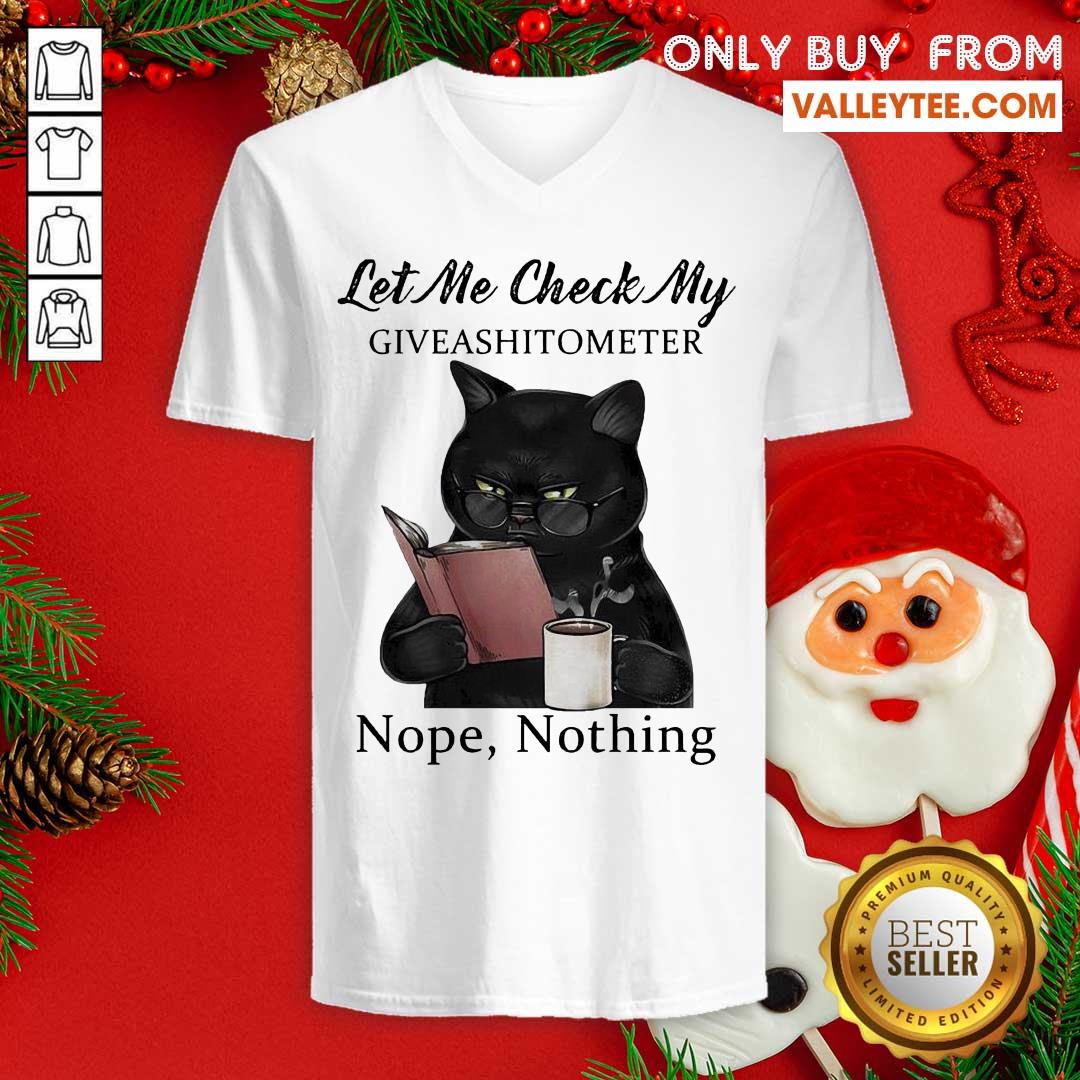Happy Black Cat Let Me Check My Giveashitometer Nope Nothing Shirt - Image 3