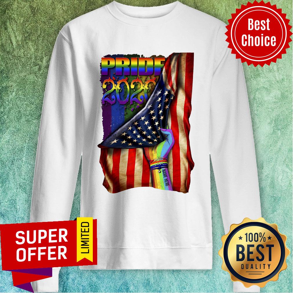 Official Pride 2020 Lgbt American Flag Hand Custom Name Shirt - Image 2
