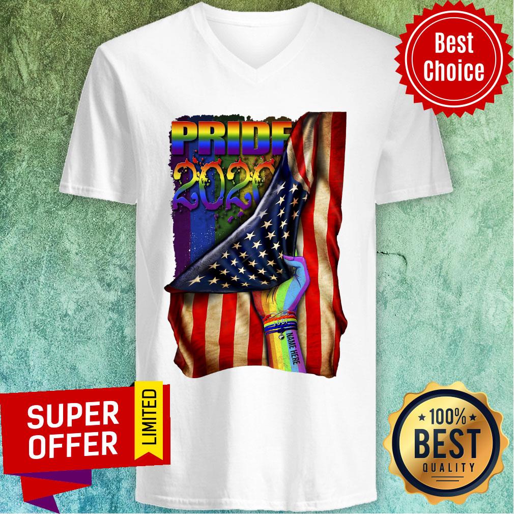 Official Pride 2020 Lgbt American Flag Hand Custom Name Shirt - Image 4