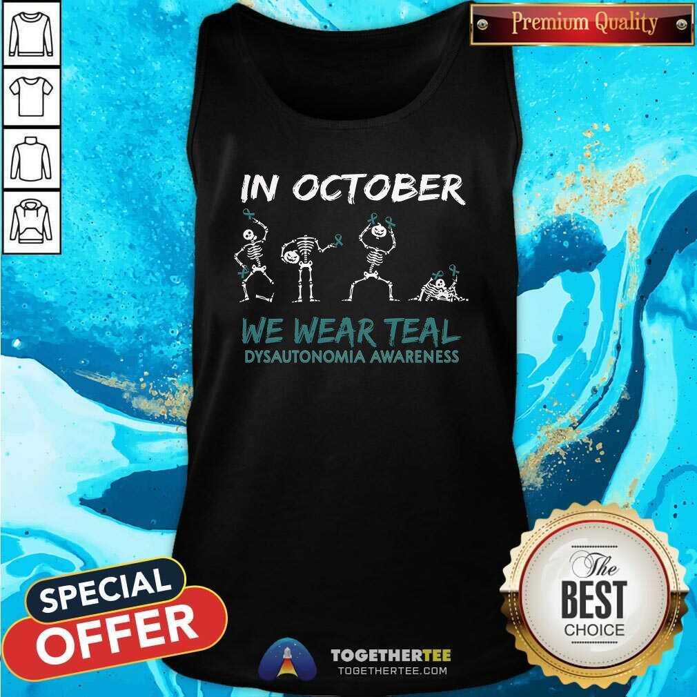 Top Teal Ribbon Dysautonomia Awareness Skeleton Halloween T-Shirt - Image 3