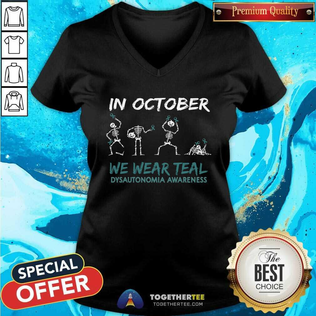 Top Teal Ribbon Dysautonomia Awareness Skeleton Halloween T-Shirt - Image 2