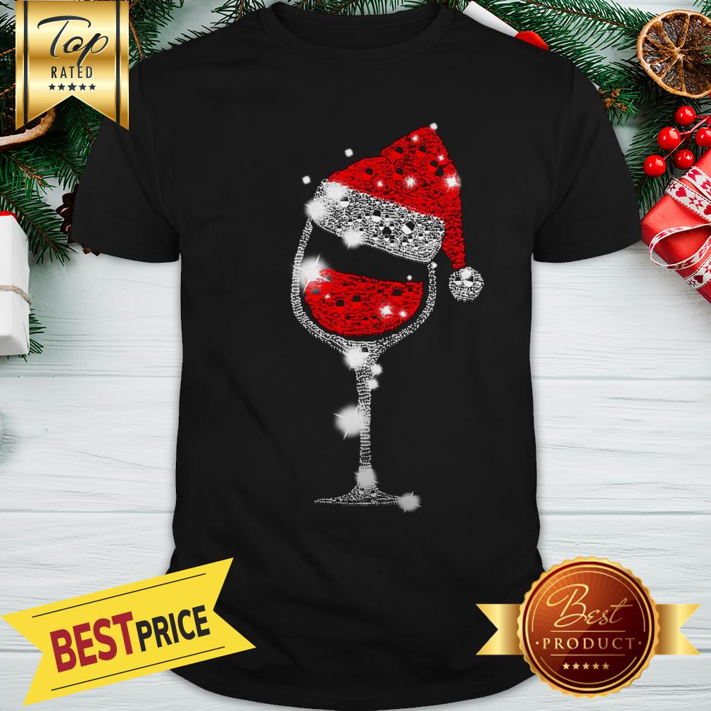 Christmas Wine Glass Red Santa Hat Diamond Glitter Shirt