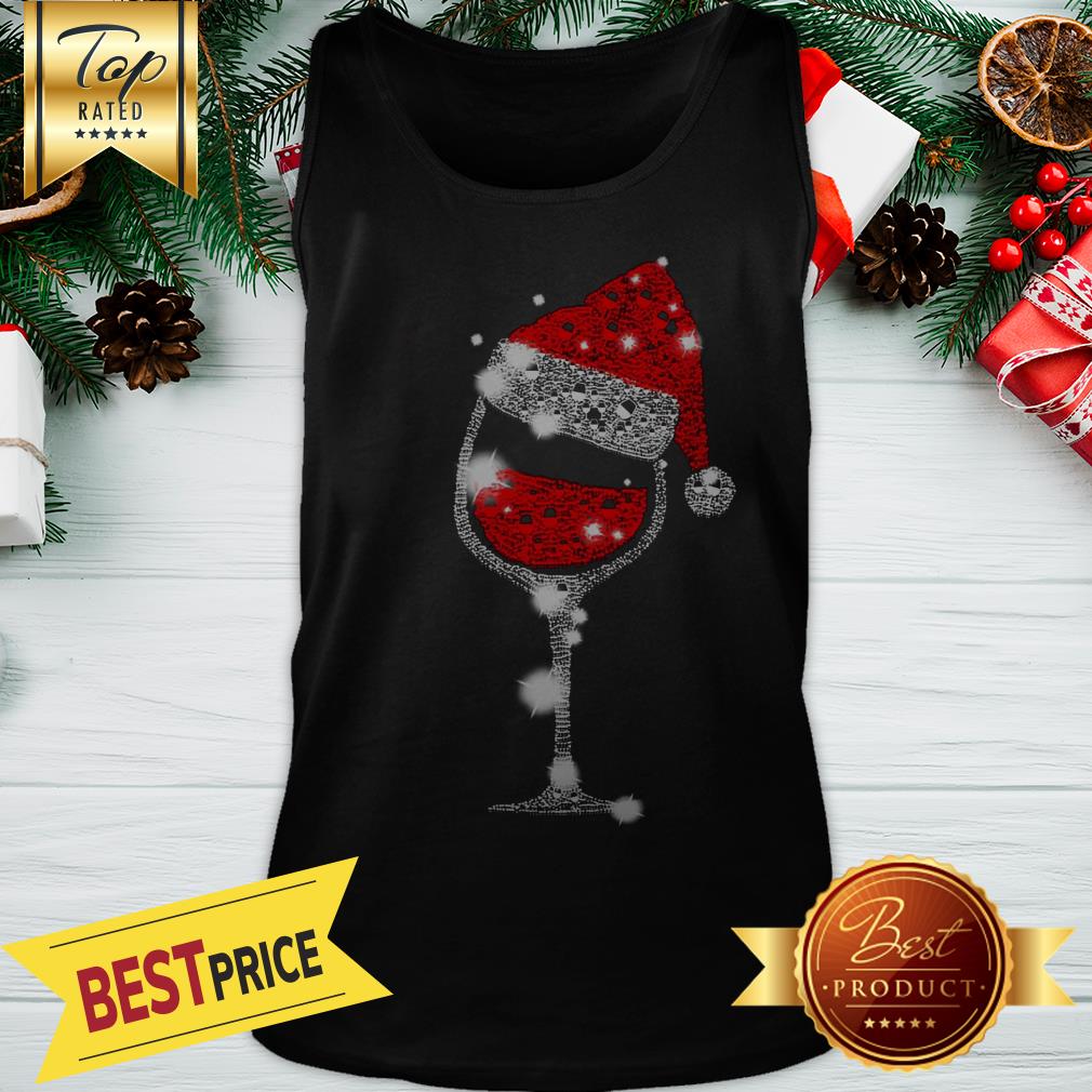Christmas Wine Glass Red Santa Hat Diamond Glitter Shirt - Image 2