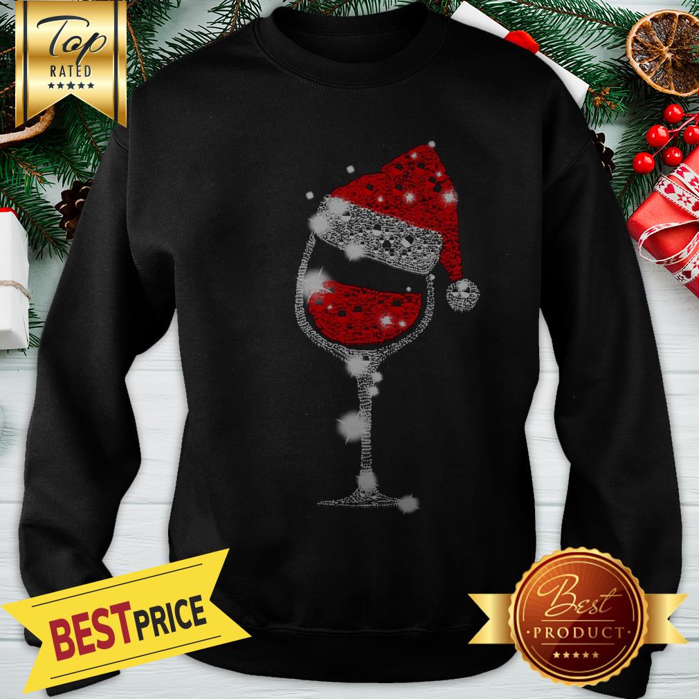 Christmas Wine Glass Red Santa Hat Diamond Glitter Shirt - Image 3