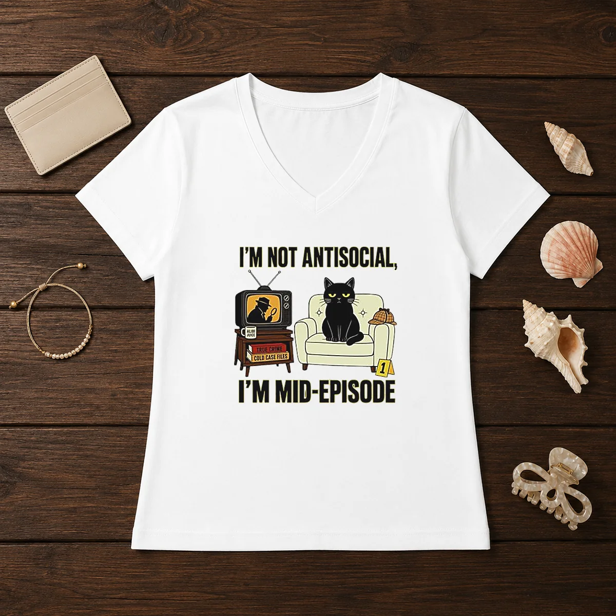 Pretty I Am Not Antisocial I Am Mid Episode Black Cat True Crime Mystery Lover Shirt - Image 2