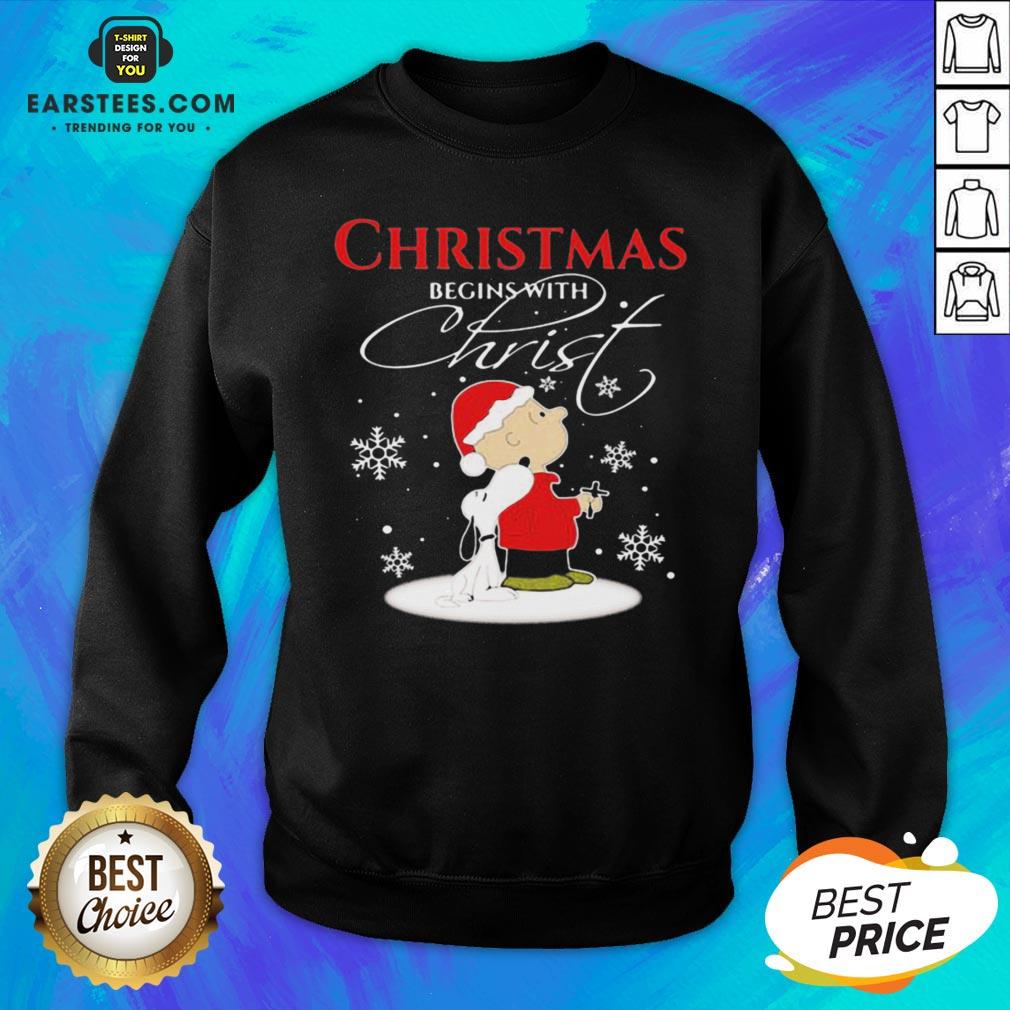 Awesome Merry Christmas Snoopy And Charlie Brown Begins With Christ Shirt - Image 5