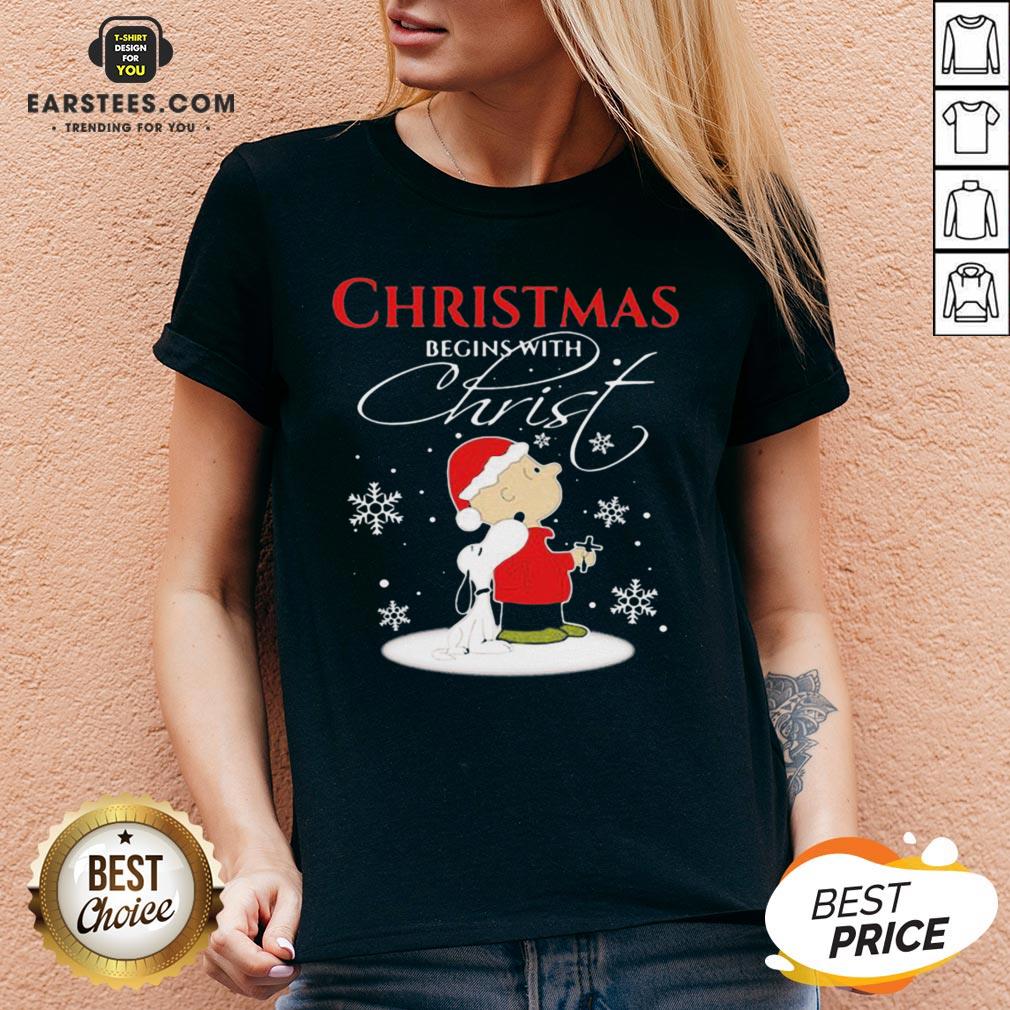 Awesome Merry Christmas Snoopy And Charlie Brown Begins With Christ Shirt - Image 3