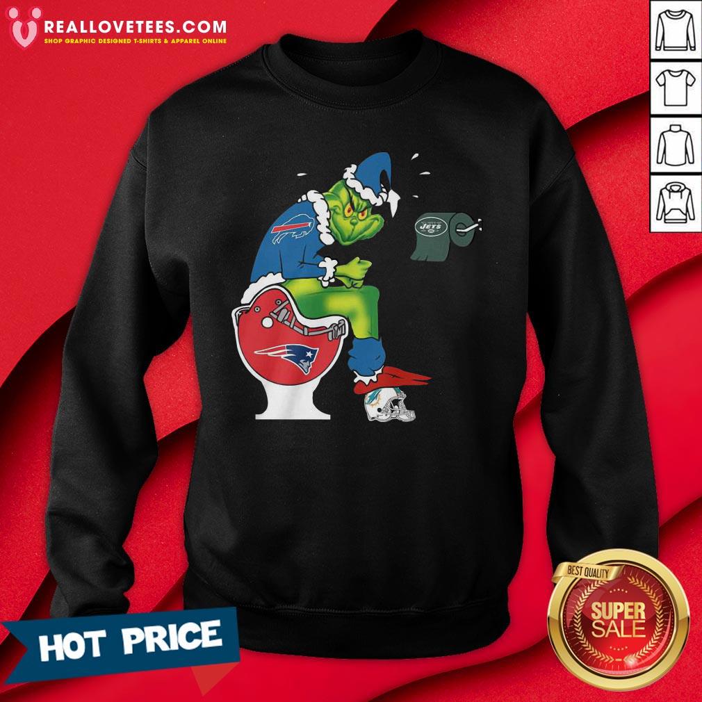 Sweet The Grinch Buffalo Bills Shit On Toilet New England Patriots Christmas Shirt - Image 3