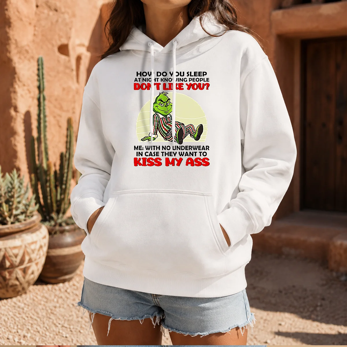 Good Grinch How Do You Sleep At Night Knowing People Dont Like You Me With No Underwear In Case Shirt - Image 5