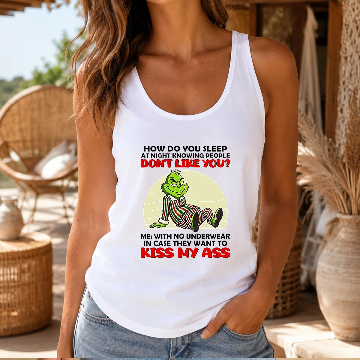 Good Grinch How Do You Sleep At Night Knowing People Dont Like You Me With No Underwear In Case Shirt - Image 3