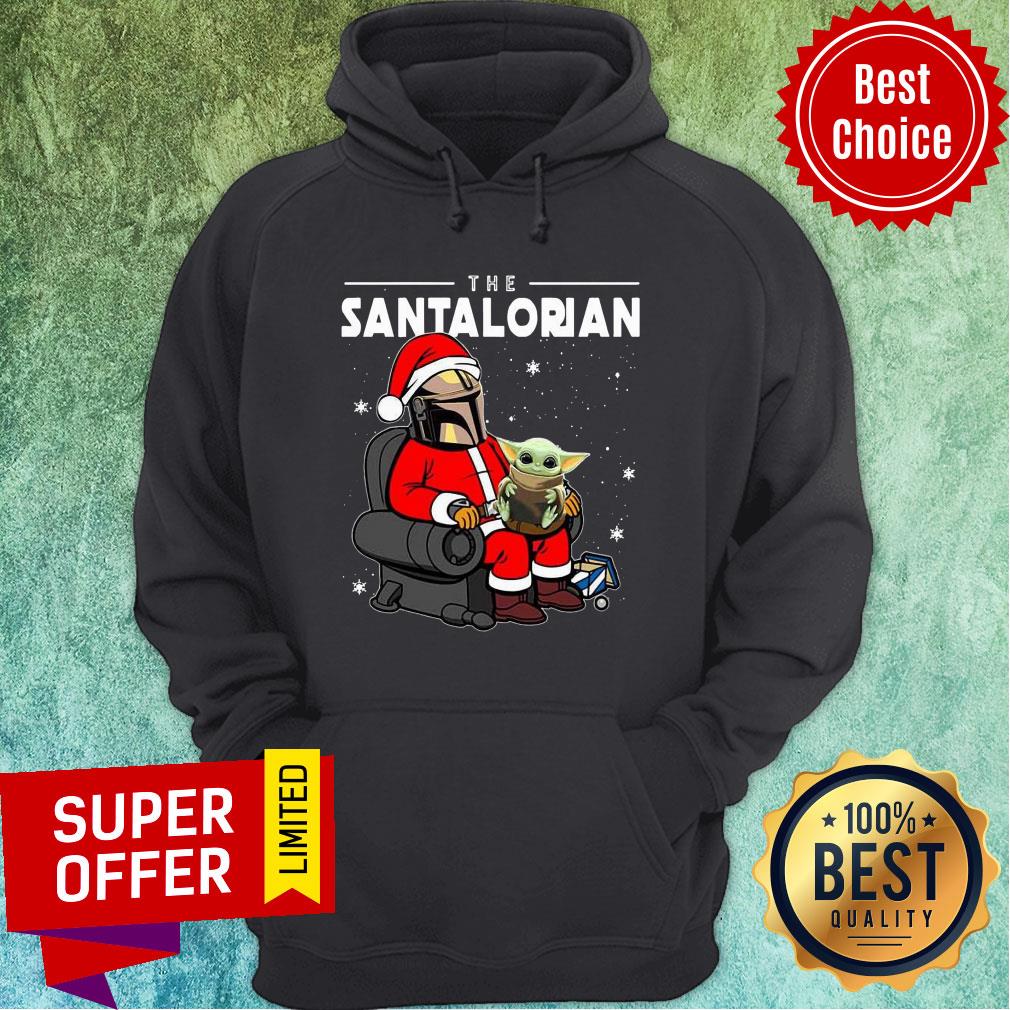 The Santalorian Santa Mandalorian Hug Baby Yoda Christmas Shirt - Image 2