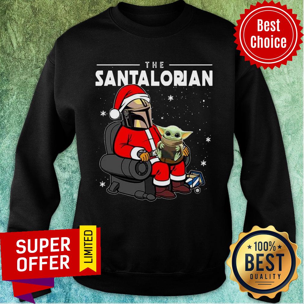 The Santalorian Santa Mandalorian Hug Baby Yoda Christmas Shirt - Image 3