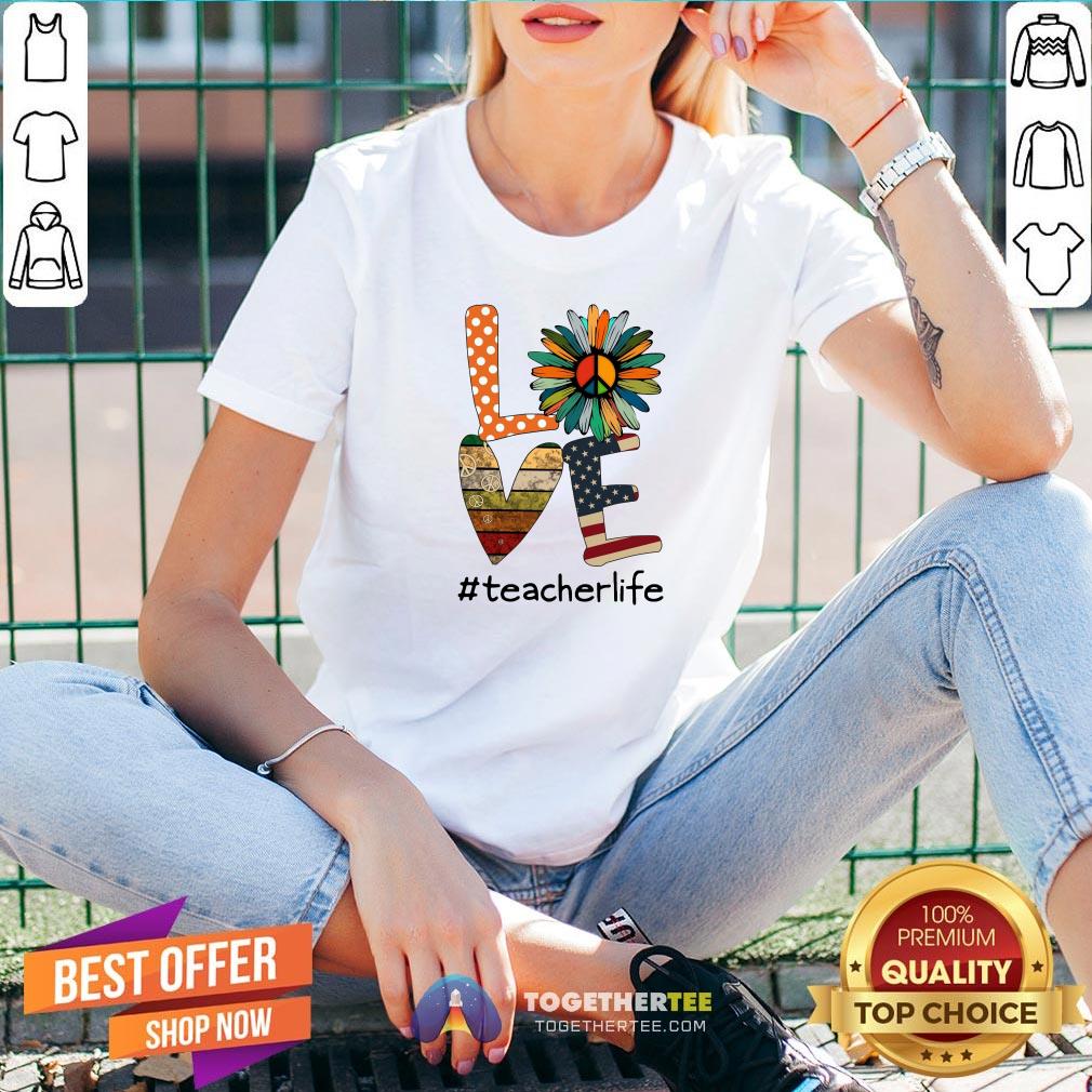 Original Sunflower And Book And Hippie Love #teacherlife American Flag Shirt - Image 2