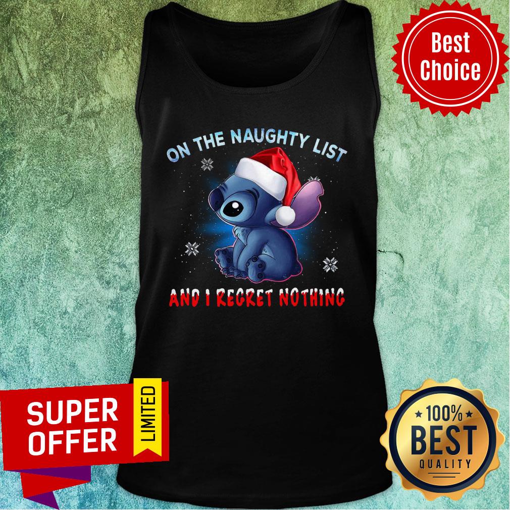 Nice Stitch Santa On The Naughty List And I Regret Nothing Christmas Shirt - Image 3