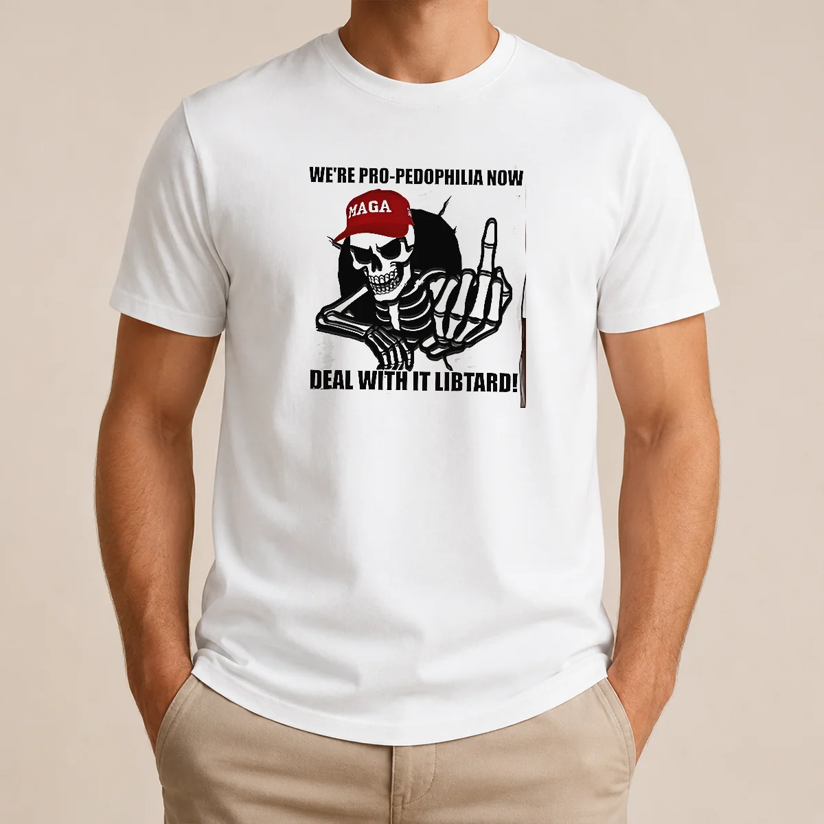 Funny Hot MAGA Skeleton Middle Finger We're Pro Pedophilia Now Deal With It Libtard Shirt