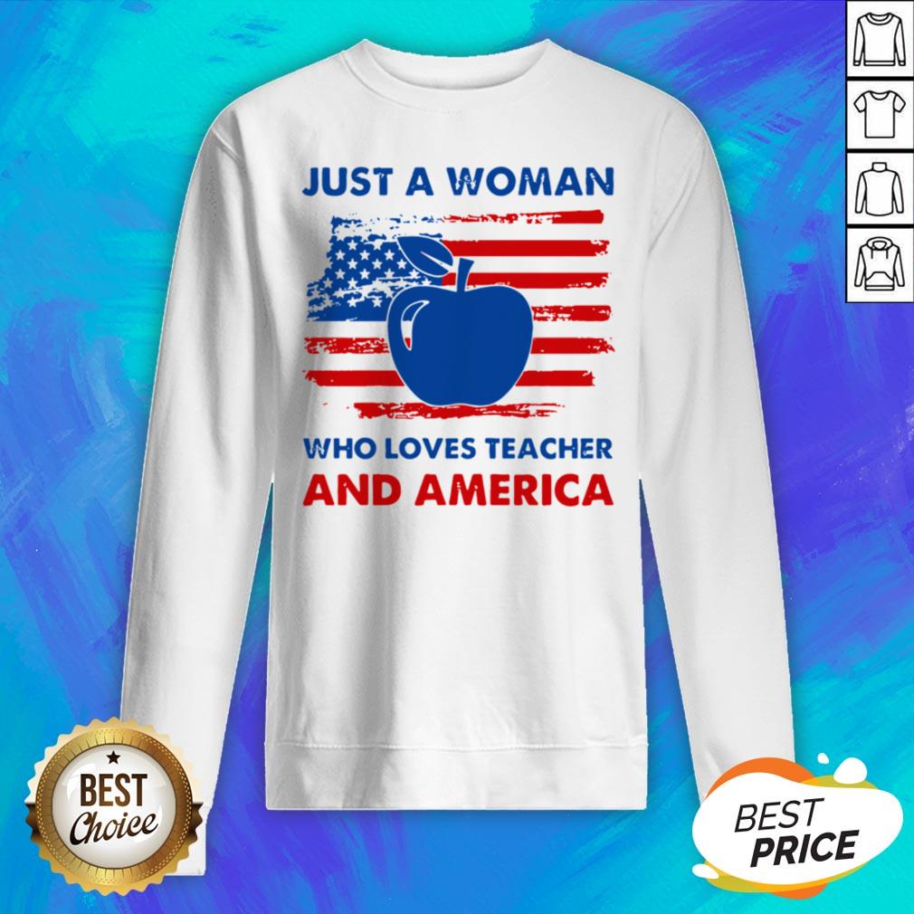 Official Apple Just A Woman Who Loves Teacher And America Shirt - Image 2