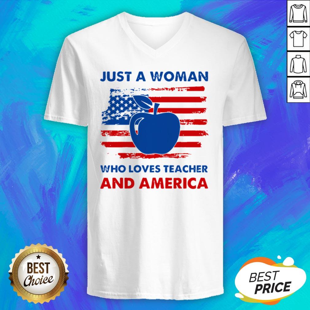 Official Apple Just A Woman Who Loves Teacher And America Shirt - Image 4