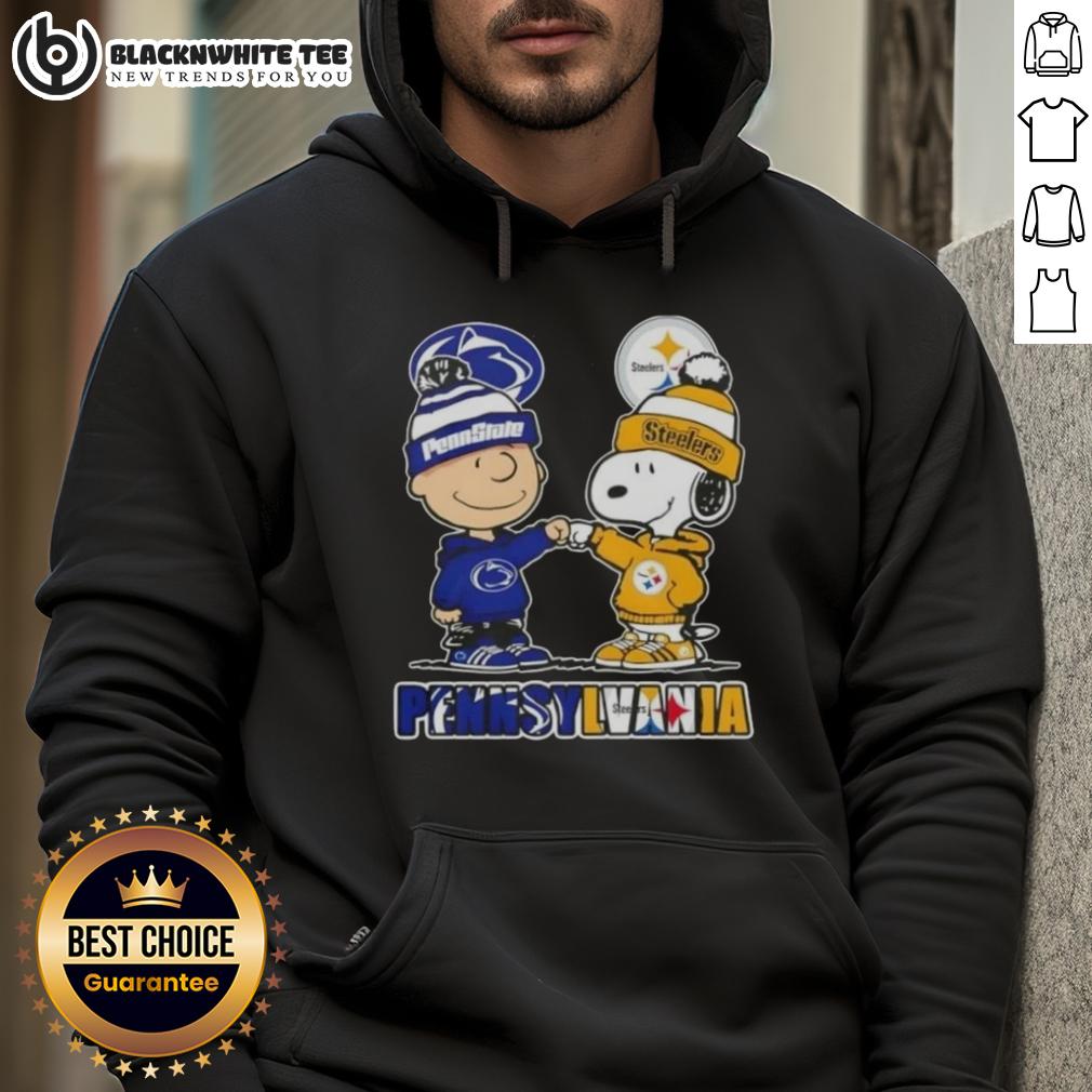 Cute Charlie Brown Fist Bump Snoopy Pennsylvania City Nittany Lions X Pittsburgh Steelers Skyline T-Shirt - Image 2