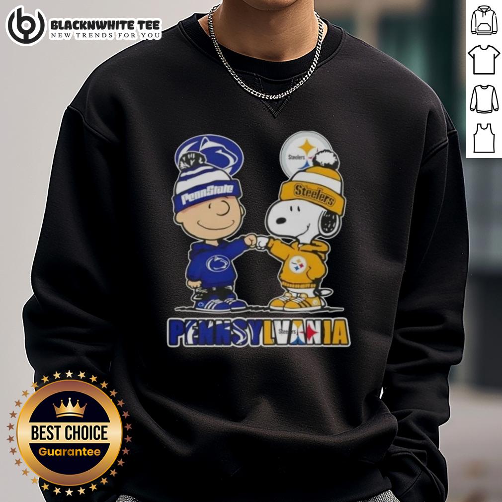 Cute Charlie Brown Fist Bump Snoopy Pennsylvania City Nittany Lions X Pittsburgh Steelers Skyline T-Shirt - Image 5