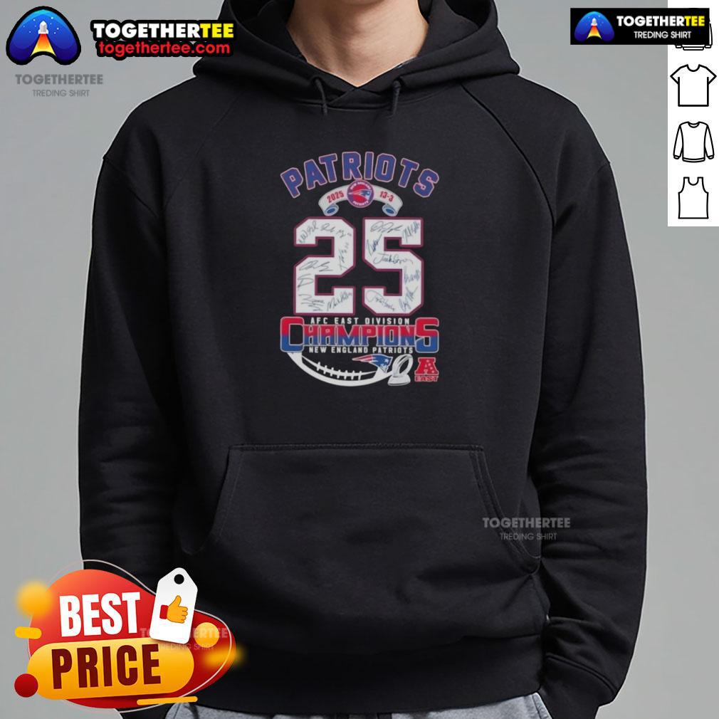 Awesome 2025 13-3 AFC East Division Champions New England Patriots All Signatures T-Shirt - Image 2